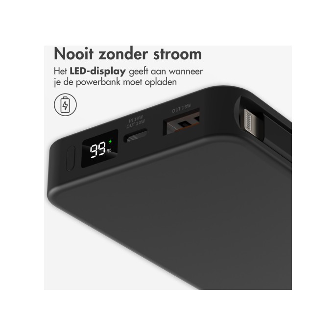 Accezz powerbank 10.000 mah met geïntegreerde kabels - zwart