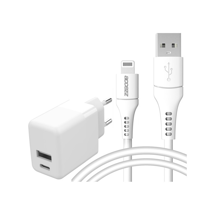 Accezz wall charger met lightning naar usb-a kabel - oplader - mfi certificering - 20 watt - 1 meter - wit