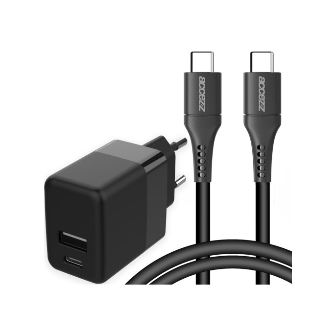 Accezz wall charger met usb-c naar usb-c kabel - oplader - 20 watt - 1 meter - zwart