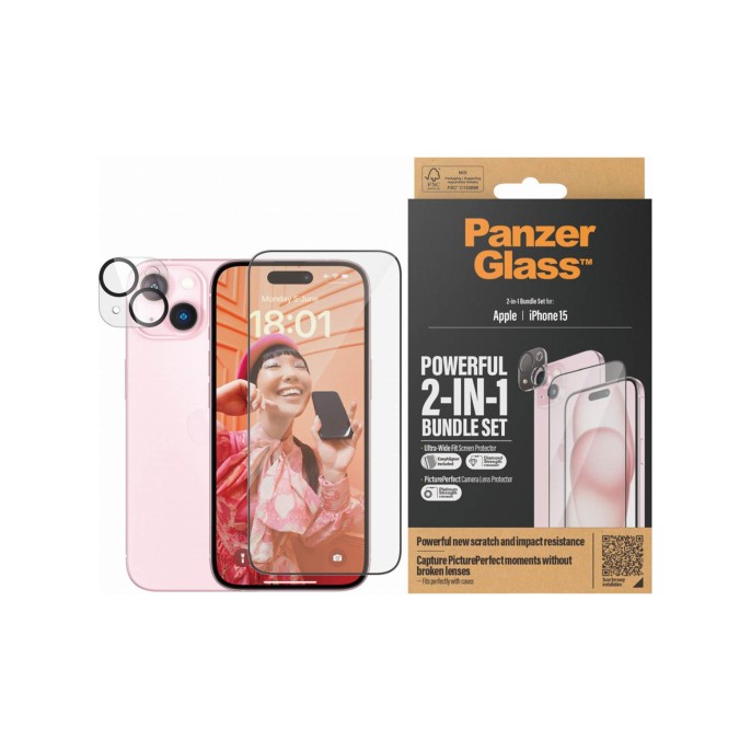 Panzerglass 2 in 1 pack - ultra-wide fit anti-bacterial screenprotector incl. applicator + camera protector iphone 15