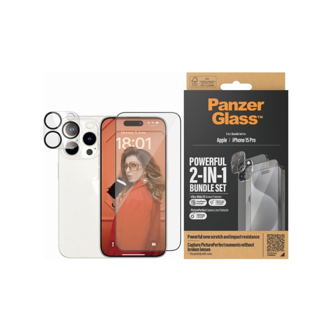 Panzerglass 2 in 1 pack - ultra-wide fit anti-bacterial screenprotector incl. applicator + camera protector iphone 15 pro