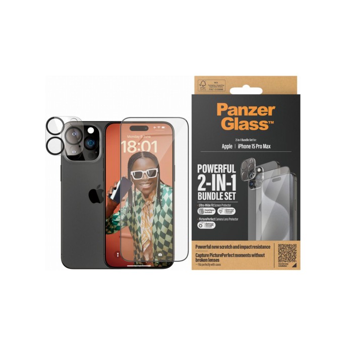 Panzerglass 2 in 1 pack - ultra-wide fit anti-bacterial screenprotector incl. applicator + camera protector iphone 15 pro max