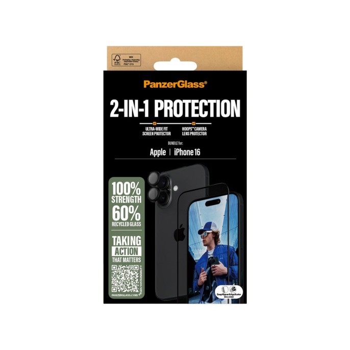 Panzerglass 2 in 1 pack - ultra-wide fit anti-bacterial screenprotector incl. applicator + camera protector iphone 16