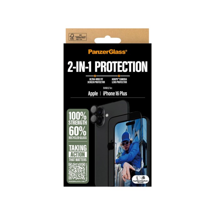 Panzerglass 2 in 1 pack - ultra-wide fit anti-bacterial screenprotector incl. applicator + camera protector iphone 16 plus