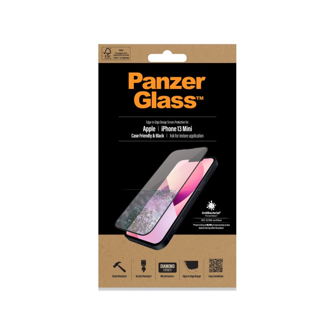 Panzerglass anti-bacterial casefriendly screenprotector iphone 13 mini - zwart