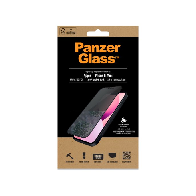 Panzerglass case friendly privacy anti-bacterial screenprotector iphone 13 mini - zwart