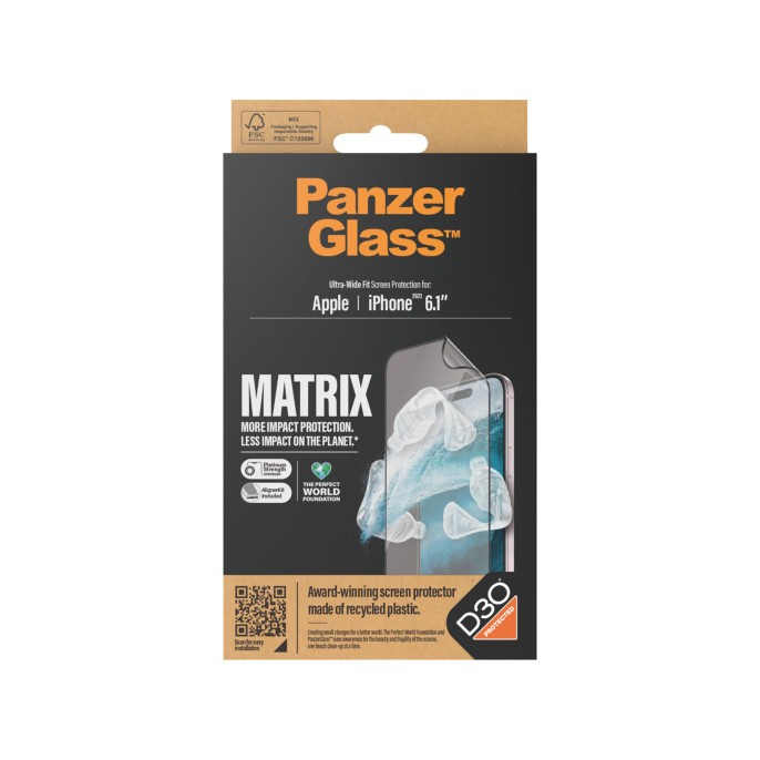 Panzerglass matrix recycled ultra-wide fit anti-bacterial screenprotector incl. applicator iphone 15