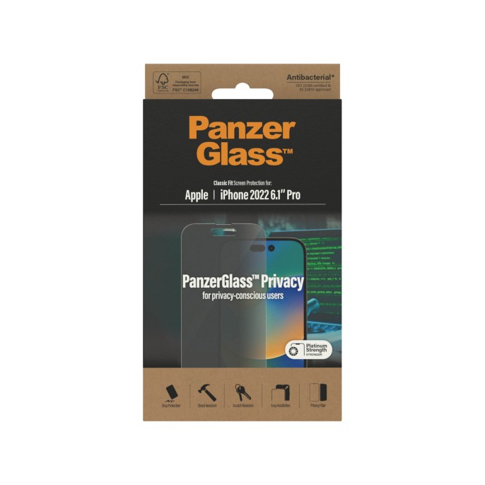 Panzerglass privacy anti-bacterial screenprotector iphone 14 pro