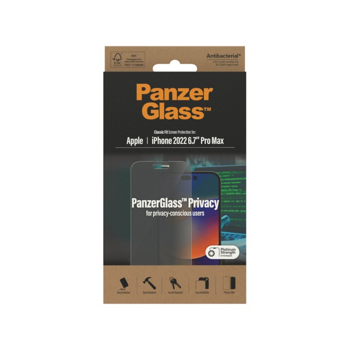 Panzerglass privacy anti-bacterial screenprotector iphone 14 pro max