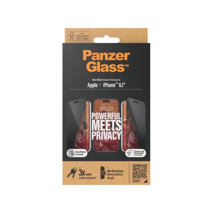 Panzerglass privacy ultra-wide fit anti-bacterial screenprotector incl. applicator iphone 15