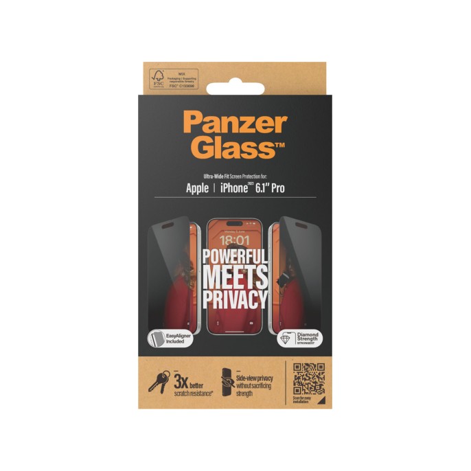 Panzerglass privacy ultra-wide fit anti-bacterial screenprotector incl. applicator iphone 15 pro