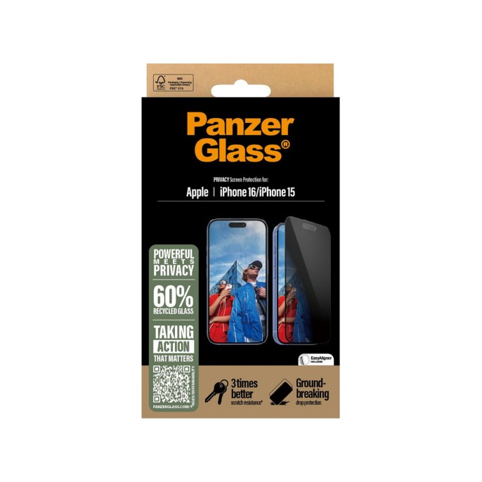 Panzerglass privacy ultra-wide fit anti-bacterial screenprotector incl. applicator iphone 16