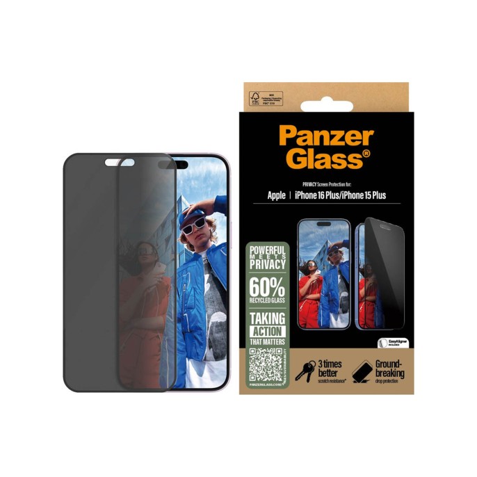 Panzerglass privacy ultra-wide fit anti-bacterial screenprotector incl. applicator iphone 16 plus