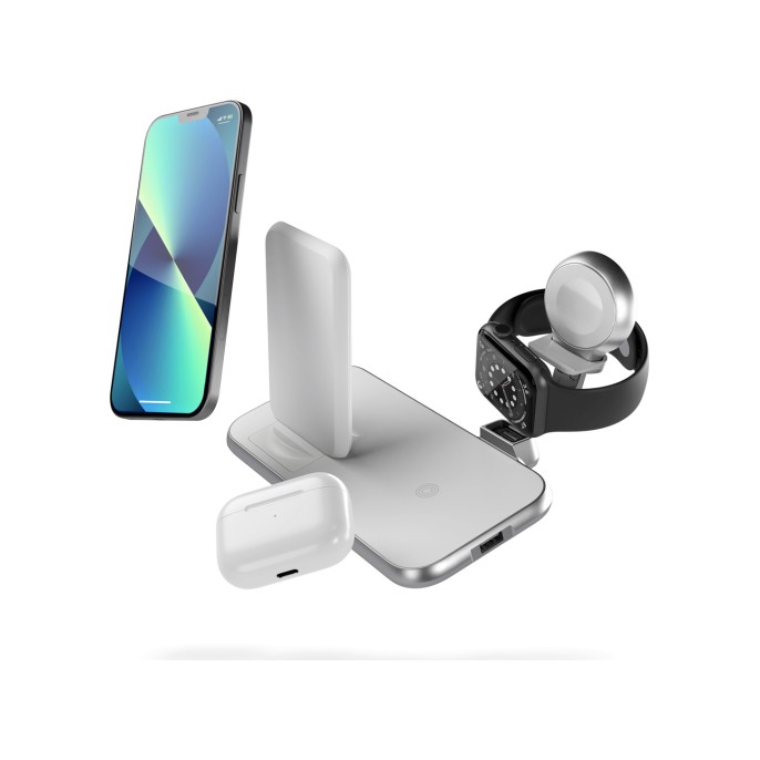 Zens draadloos oplaadstation 4-in-1 - aluminium serie - draadloze stand + apple watch - wit